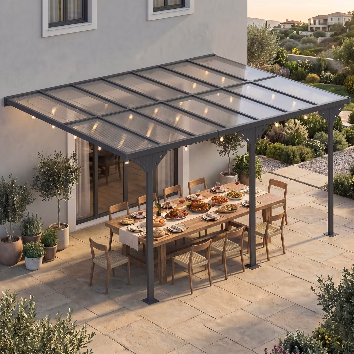 Outsunny Grey Wall-mounted Aluminium Lean-to Pergola with Polycarbonate Roof and Curtains, W: 435 cm, D: 300 cm – 3
