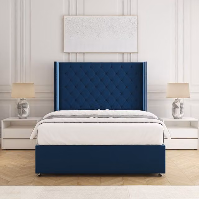 BSSPOKE Olivia Plush Velvet Divan Bed Set with 54 inch Headboard and Mattress in Blue, W/D/H: 90 x 190 cm