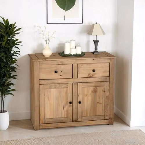 Seconique Panama Rustic Waxed Pine 2 Door 2 Drawer Sideboard in Brown and Black, W/D/H: 93 x 40 x 80 cm – 2