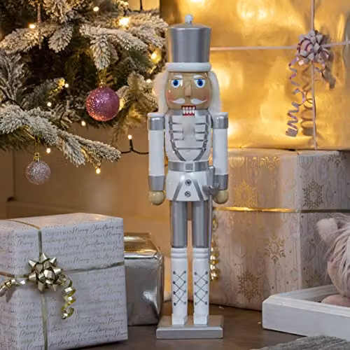 The Christmas Workshop 71049 Wooden Nutcracker Soldier on Stand in White and Silver, Height: 50 cm – 1