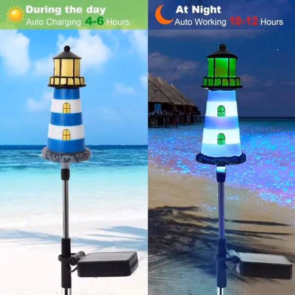 Leaper Set of 4 Red Solar Powered Lighthouse Shape LED Garden Lights with Ground Spikes – 4