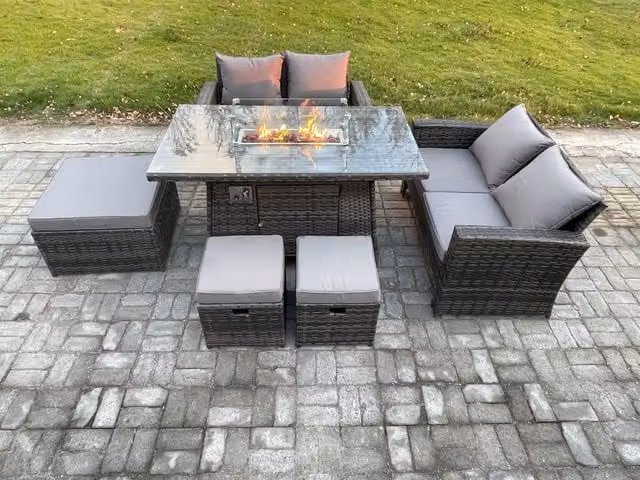 Fimous 7 Seater Rattan Garden Furniture Set with Gas Fire Pit Dining Table and 3 Footstools in Dark Grey