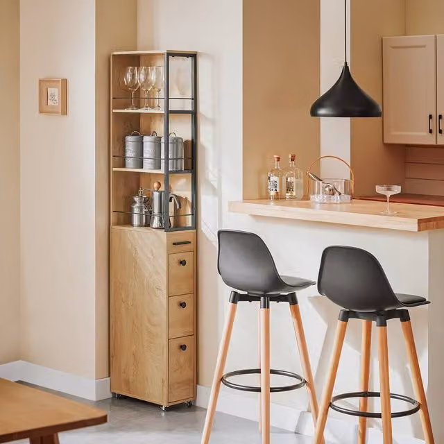 SoBuy Narrow Tall Storage Cabinet with Drawers and Wheels in Light Oak – 1