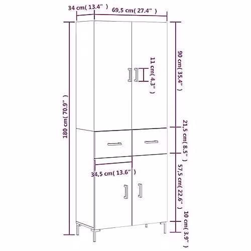 vidaXL Modern Highboard in Smoked Oak, Brown Engineered Wood, H x W x D: 180 x 69.5 x 34 cm – 3