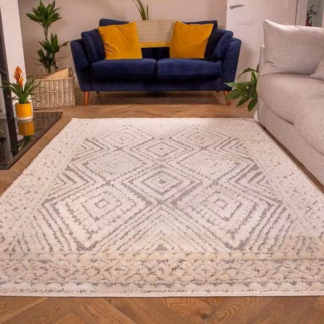 Kukoon Grey and Cream Diamond Geometric Loop and Tufted Shaggy Rug, W: 200 cm, D: 290 cm – 1