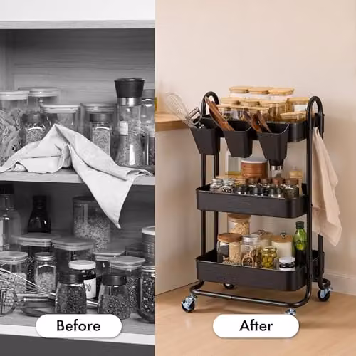 VonHaus 3 Tier Black Storage Trolley with Bamboo Shelves and Wheels, W/D/H: 79.5 x 46.0 x 36.0 cm – 3