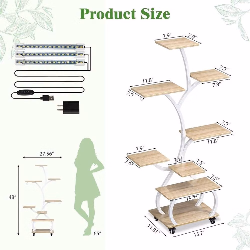 Kelvenix 8-Tier Tall Indoor Plant Stand with Grow Lights in Brown Oak Finish, H 127.0 cm x W 68.0 cm x D 30.0 cm – 2