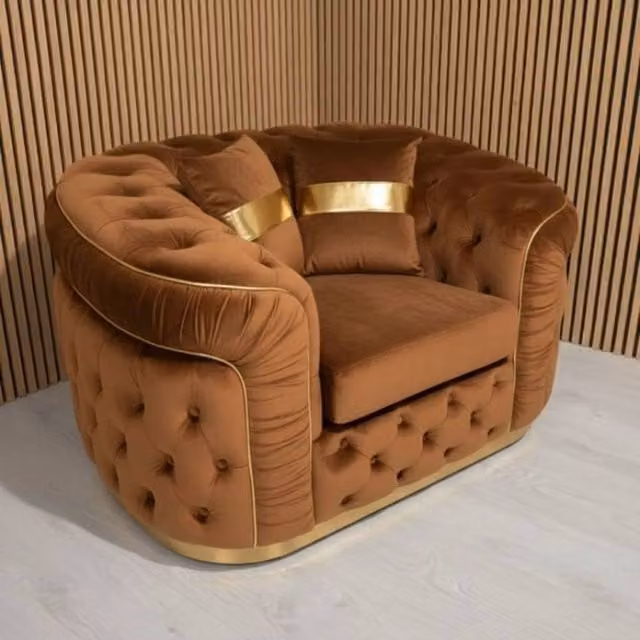 Stratus Interiors Ambassador Chesterfield Sofa in Brown Plush Velvet with Gold Trim