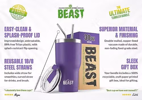 Greens Steel Beast Tumbler, Purple, 900 ml, Vacuum Insulated Stainless Steel Travel Mug with Lid – 2