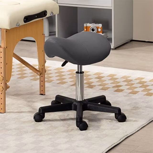 EONLION Grey PU Leather Saddle Stool with Castors and Metal Frame – 1