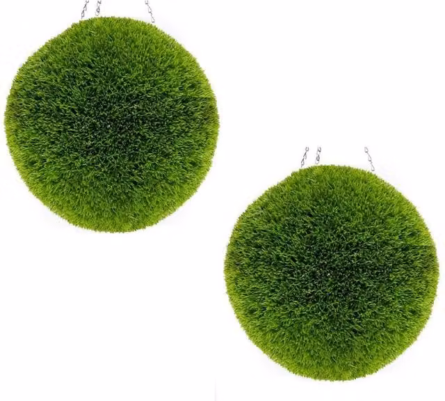 Primrose Pair of Green Artificial Grass Effect Hanging Topiary Balls with Chain, Diameter: 38 cm – 1