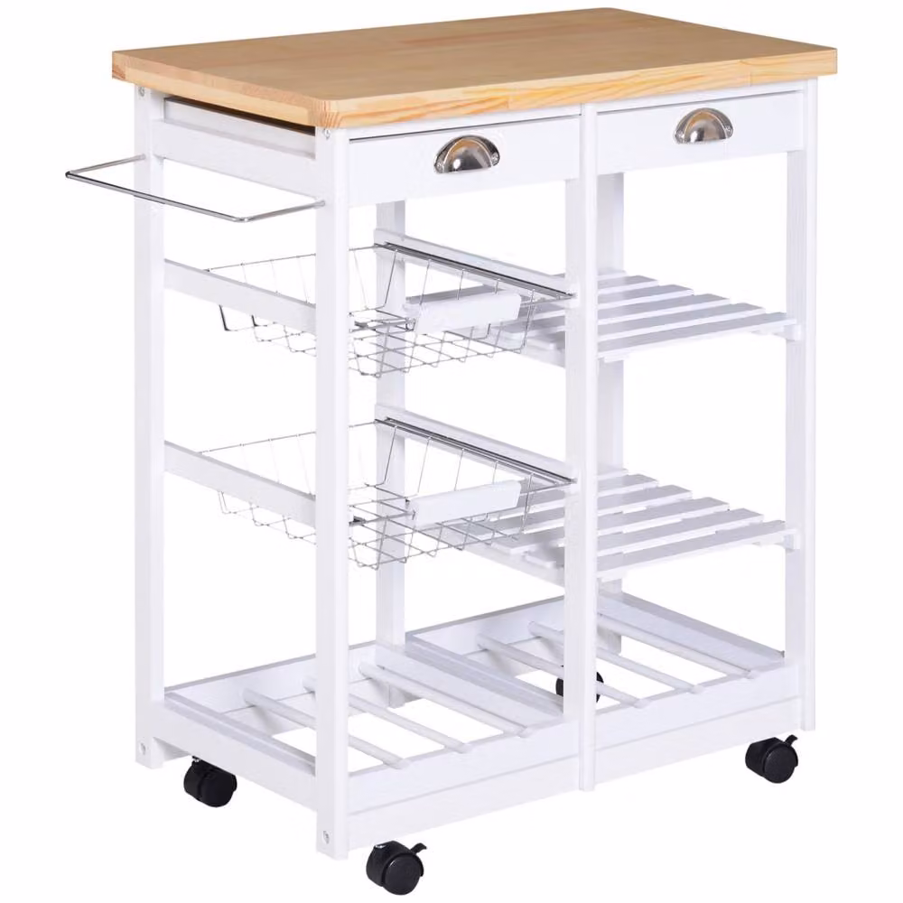 Wyld Haus Lelifa White Rolling Kitchen Island with Pine Wood Drawers and Shelves – 2