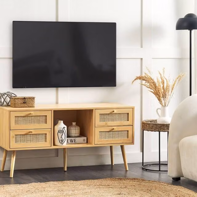 Wyld Haus Everhome Boho Brown TV Stand with Rattan Fronts and 4 Drawers – 1