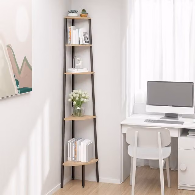 Berkfield Home 5-Tier Freestanding Corner Shelf in Light Brown and Black, H 180 x W 45.5 x D 31.5 cm – 1