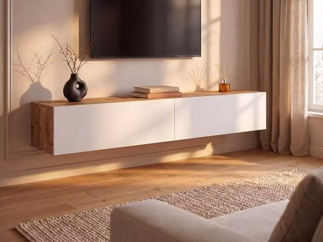 Vente-unique AUBEPINA Wall-Mounted 2-Door TV Unit in White and Light Oak