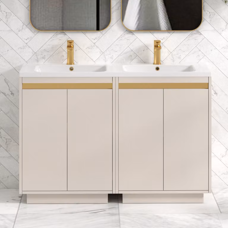 Royal Bathrooms Orion 1200 Floor Standing 4 Door Vanity Unit in Warm Taupe with Ceramic Basin and Brushed Brass Trim