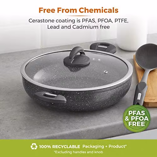 Tower Cerastone Aluminium Casserole Pot with Ceramic Non-Stick Coating and Glass Lid, Grey, 30 cm – 6