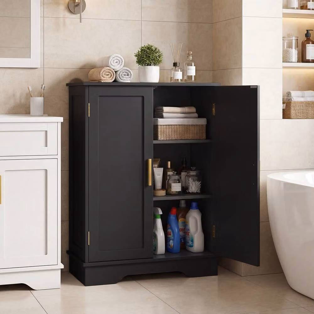 Costway Modern Black Bathroom and Kitchen Floor Storage Cabinet with Hinged Doors and Adjustable Shelves – 3