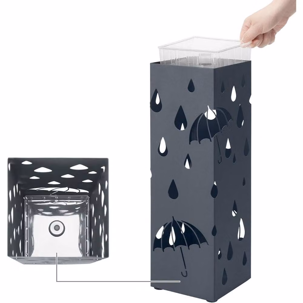 The Bazaarist Metal Umbrella Stand with Hooks and Removable Drip Tray, Grey – 3
