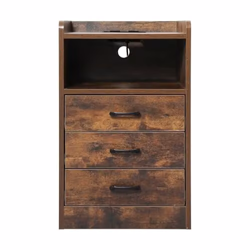 Levede Bedside Table with Charging Station and 3 Drawers, Rustic Brown with LED Lighting and USB Outlets
