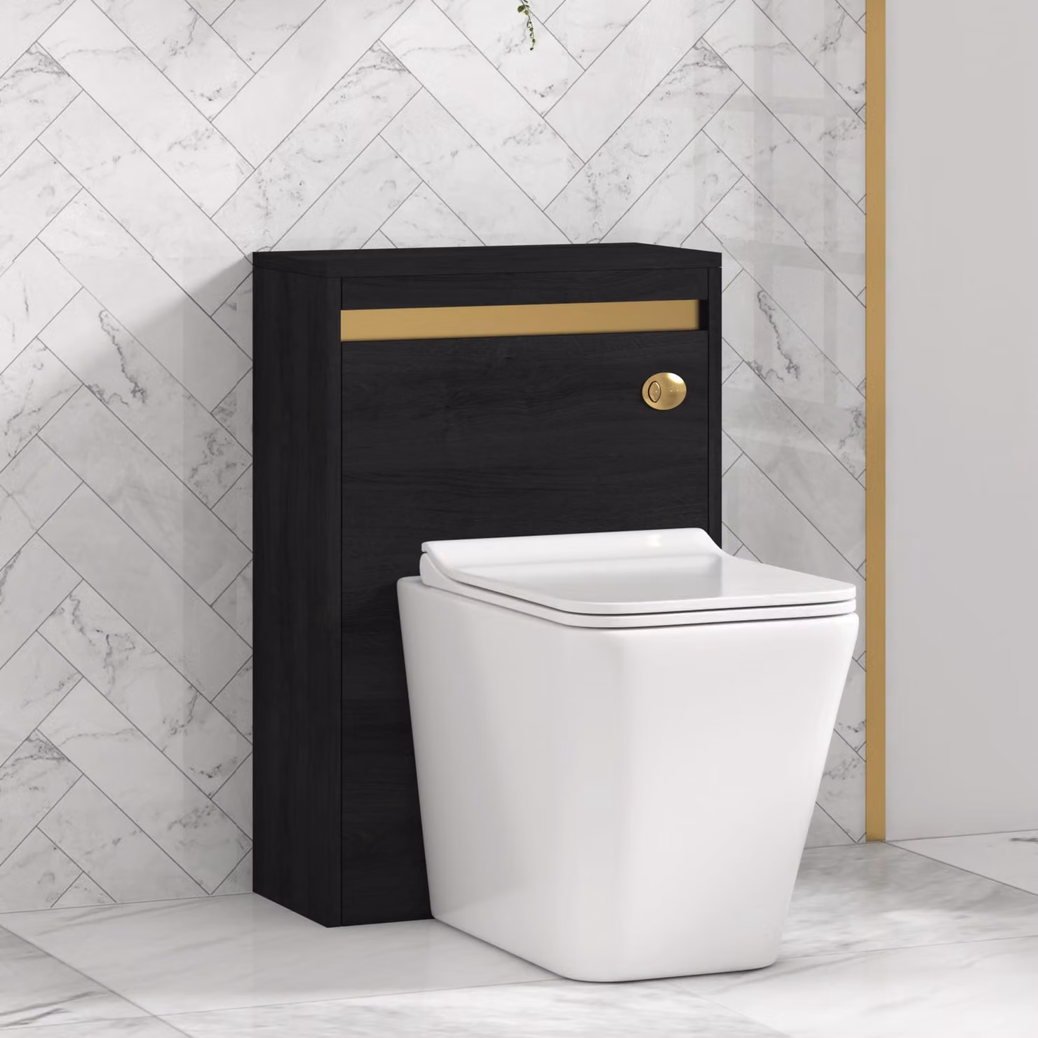 Royal Bathrooms Orion Hale Black BTW WC Unit with Elena Rimless Toilet Pan, Slim Seat and Cistern with Brushed Brass Accent Trim