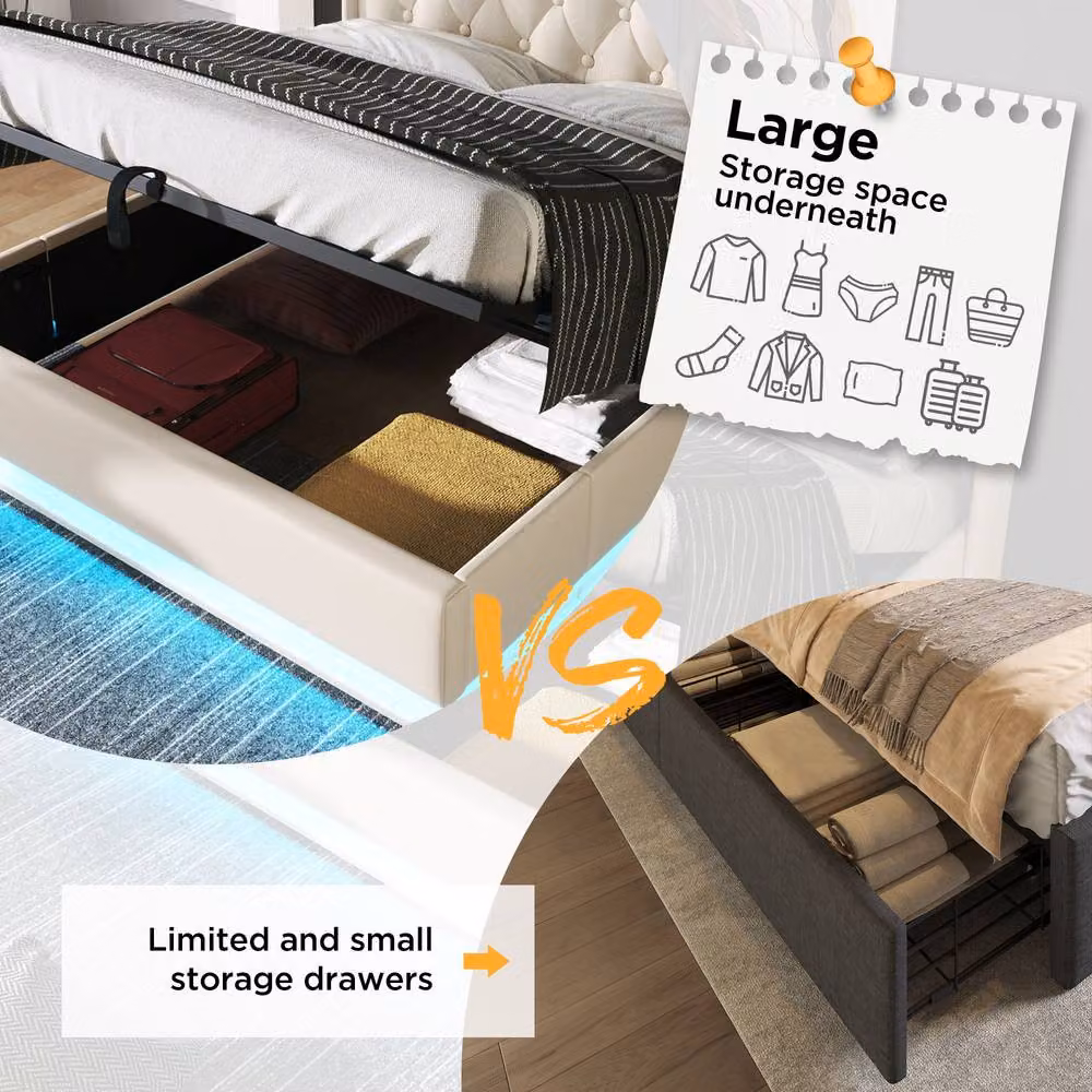 ModernLuxe Upholstered Fabric Ottoman Storage Bed with Headboard, LED Under-bed Lighting, USB Charging Port and Bedside Shelf in White, W/D/H: 140 x 200 x 104 cm – 5