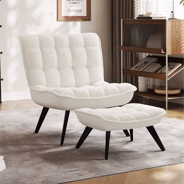 Komore White Teddy Fleece and Bouclé Accent Chair with Footstool