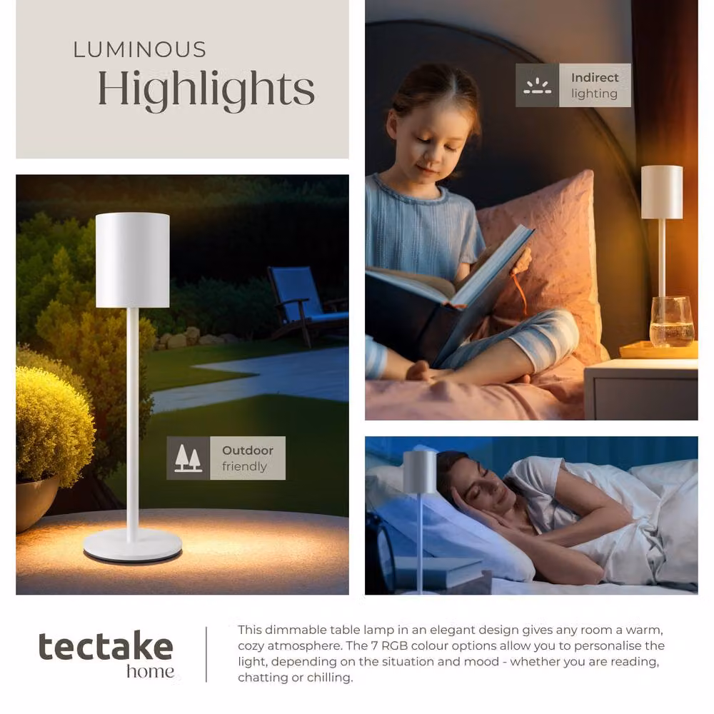 tectake Modern Rechargeable LED Table Lamp with Dimming Function and 7 Colour Options in White – 5