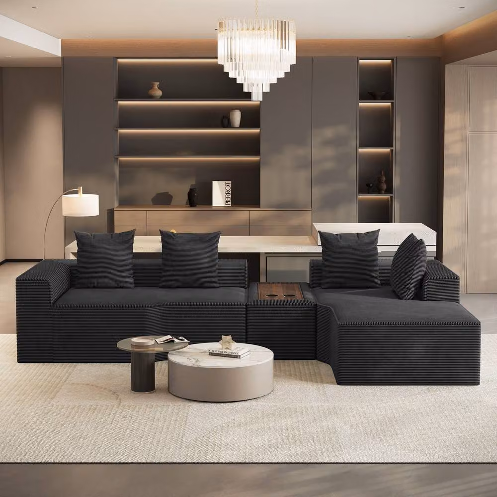 Dprodo Black Corduroy Right L-Shaped Modular Sofa with Cup Holder Table and Scatter Cushions, Width: 320 cm – 2
