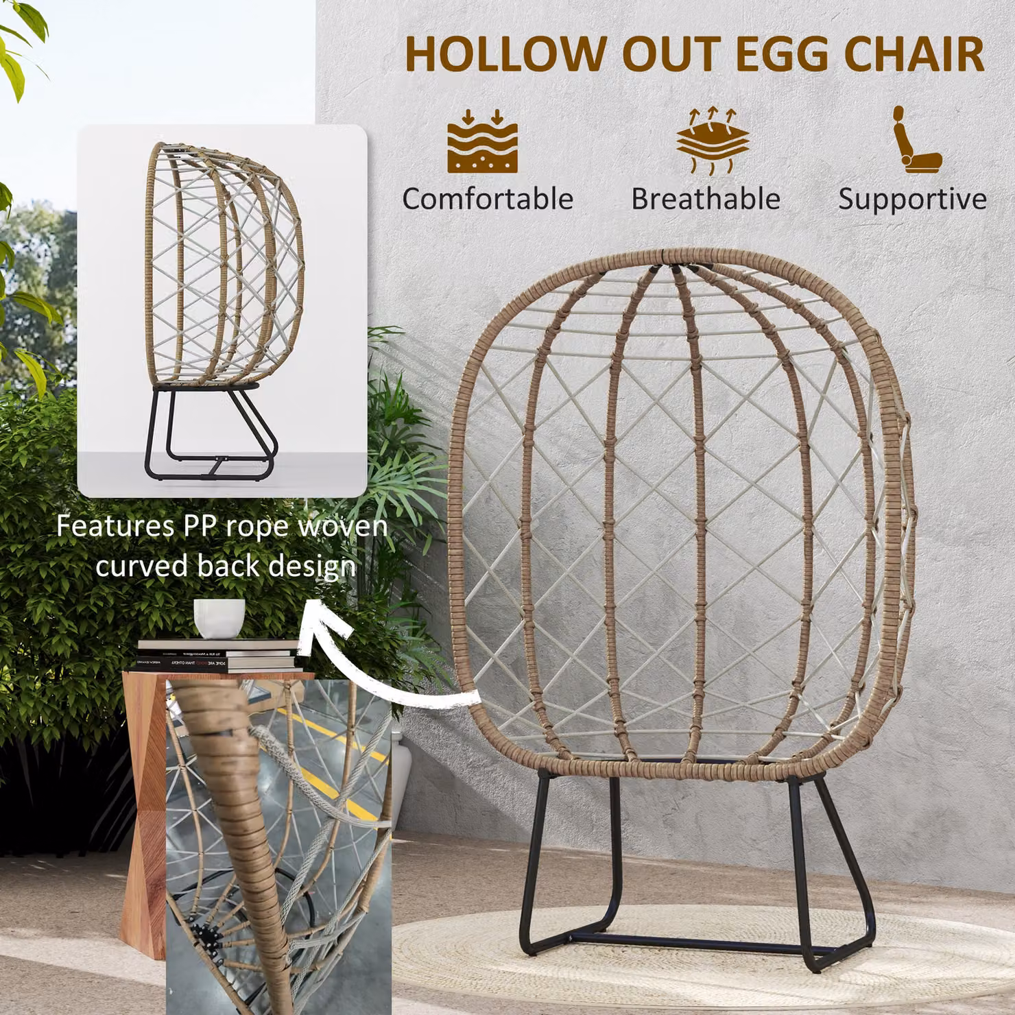 Outsunny Brown Rattan Egg Chair with Thickened Cushion, Headrest and Cup Holder for Garden, Patio or Balcony – 5