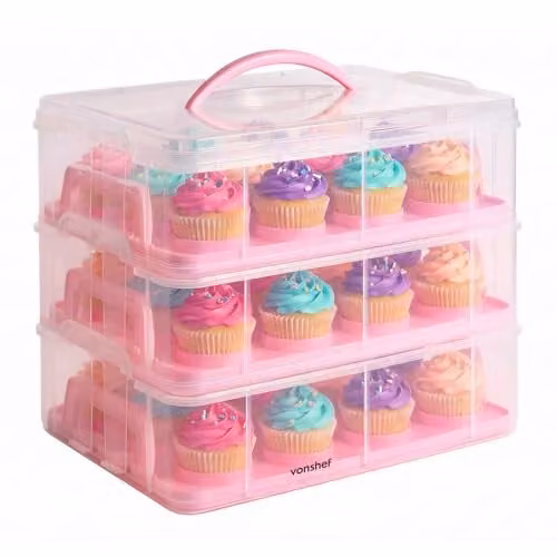 VonShef Pink Three Tier Stackable Cupcake Carrier with Handle and Airtight Snap Lid, Holds 36 Cupcakes
