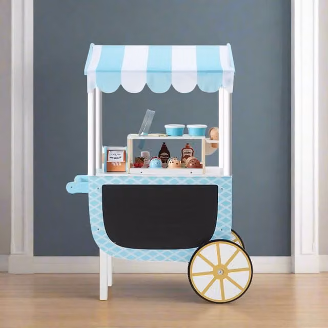 Teamson Kids' My Little Helper Ice Cream Cart Playset with Accessories in Blue and White