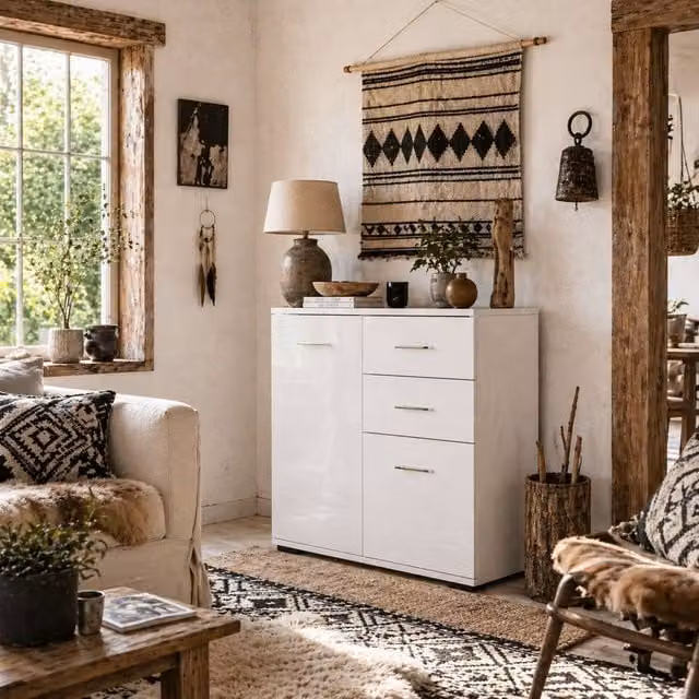 Wyld Haus Lodino High Gloss White Sideboard with 2 Drawers and 2 Doors