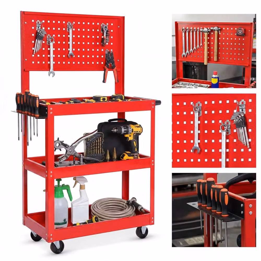 NESTLUNE 3 Tier Heavy Duty Rollable Tool Storage Trolley Cart in Red – 3
