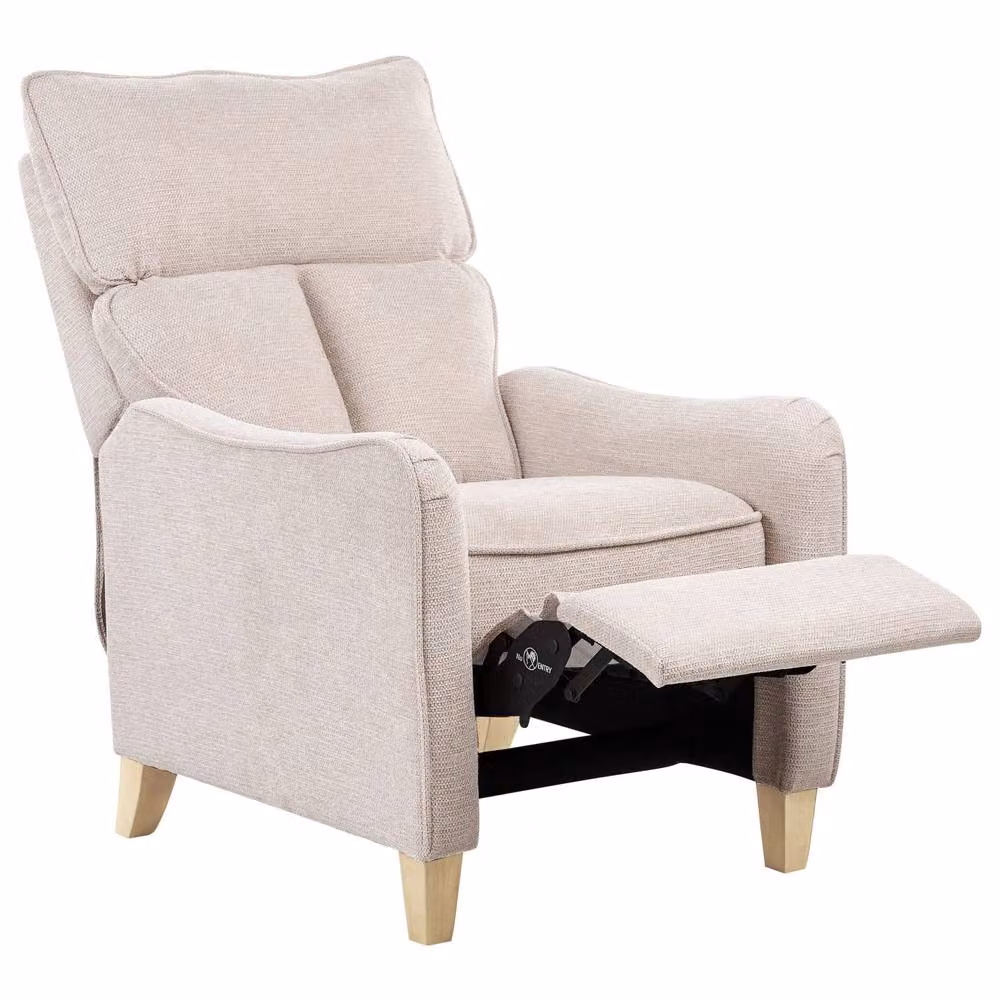 Wyld and Coco Reclining High-Back Armchair in Beige Fabric with Pull-Out Footstool and Solid Wood Frame – 2