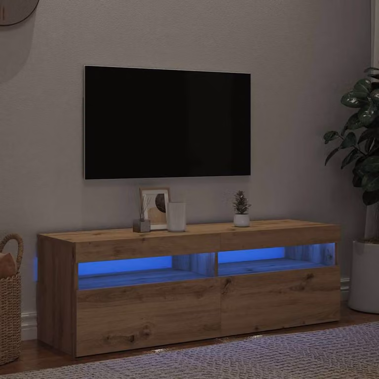 Berkfield Home Modern TV Cabinet with LED Lights in Artisan Oak Brown, W/D/H: 120 x 35 x 40 cm