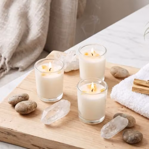 Homescapes Summer Garden Crystal Scented Candle Gift Set, Pack of 3, Yellow and Gold Floral Votive Candles with Natural Stones – 3