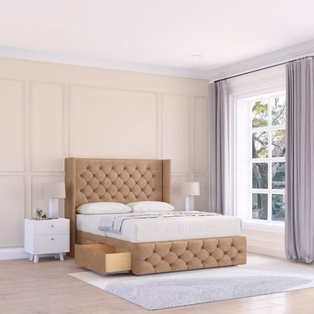 Sloomy Luthor Naples Wingback Bed Set with 2 Drawers and Floor Standing Headboard in Light Sand, Size: King (180 x 200 cm)