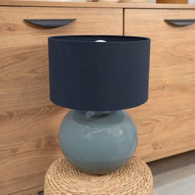 ValueLights Bosco Eucalyptus Table Lamp with Blue Ceramic Base and Fabric Cylinder Shade