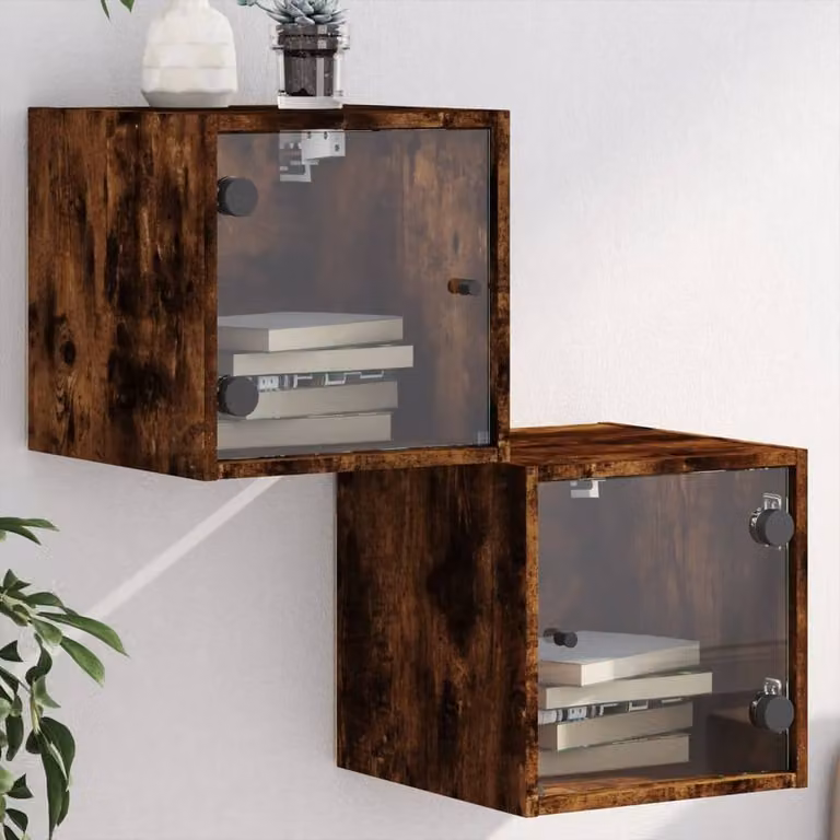Berkfield Home Elegant Bedside Cabinets with Glass Doors, 2 Pack, Smoked Oak Brown, W/D/H: 35 x 37 x 35 cm