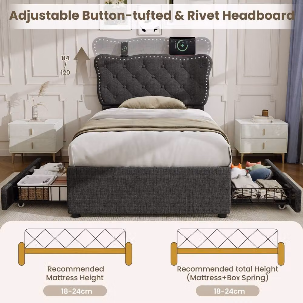 Matteo Single Upholstered Bed with USB Charging Station and Storage Drawers, Grey, W/D/H: 90 x 190 cm – 4