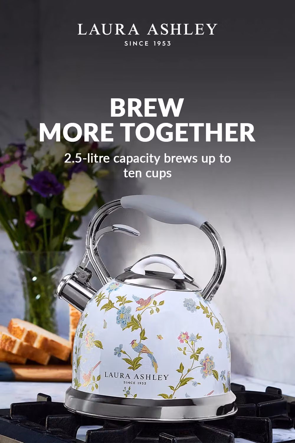 Laura Ashley Elveden White Multicolour Stainless Steel 2.5L Fast Boil Stove Top Kettle – 2