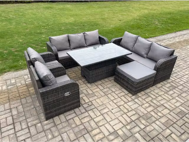 Fimous Grey Rattan 9-Seater Garden Furniture Set with Lift Table and Reclining Chairs