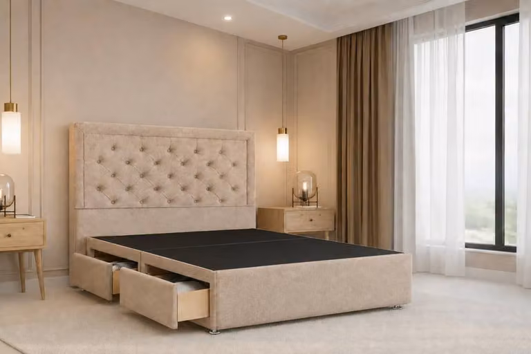 Chester & Oakley Valencia Plush Divan Bed Base with 4 Drawers and Headboard in Sand Beige, W/D/H: 140 x 200 cm