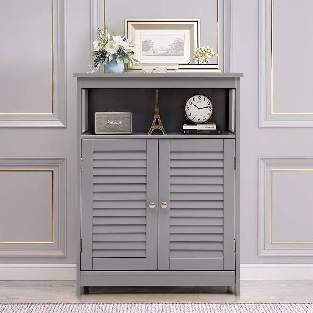 Costway Modern Grey Wooden Freestanding Bathroom Floor Cabinet with Adjustable Internal Shelves and Hinged Doors – 3