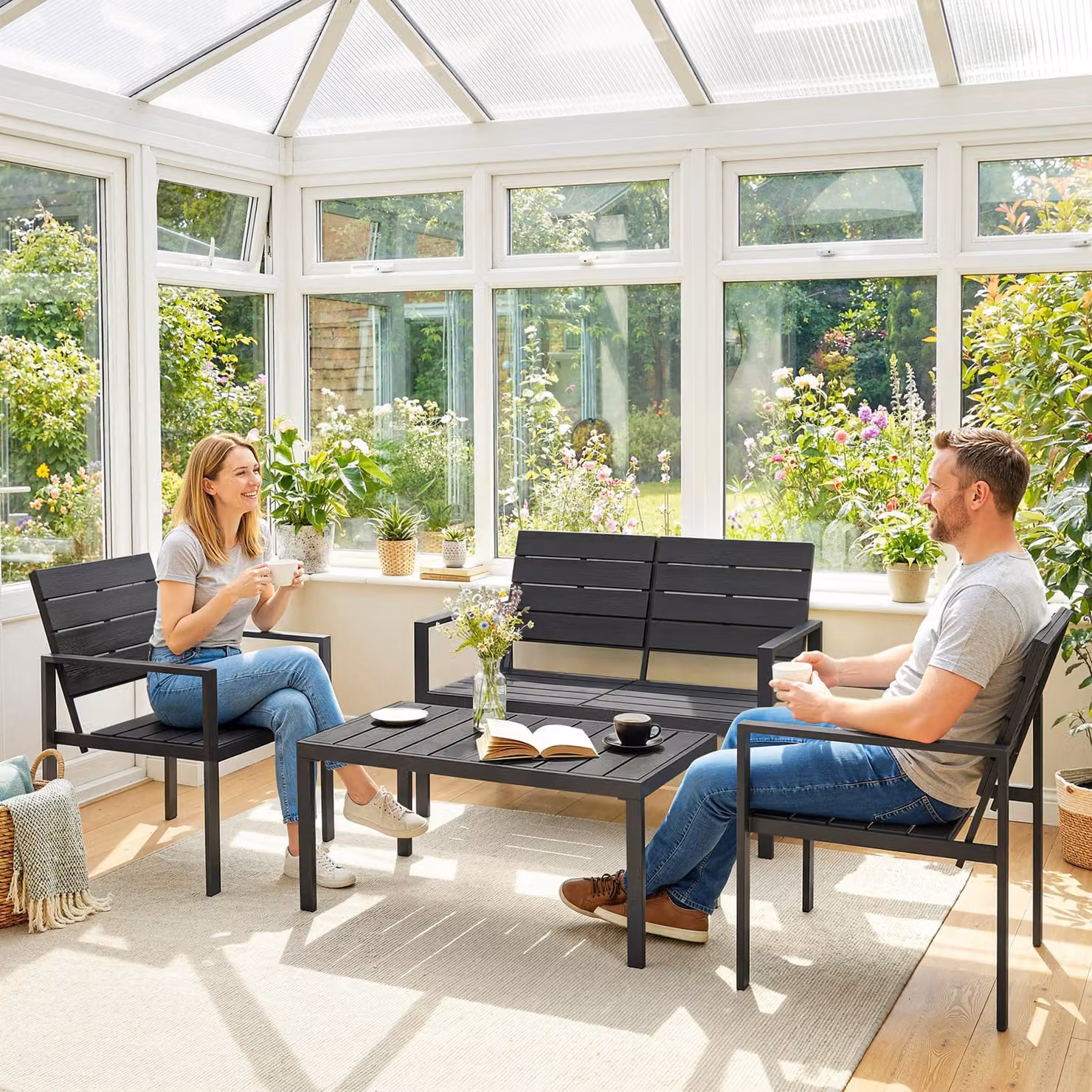 Outsunny 4 Piece Garden Furniture Set in Black with HDPE Slatted Loveseat, Armchairs, Coffee Table and Cushions – 7
