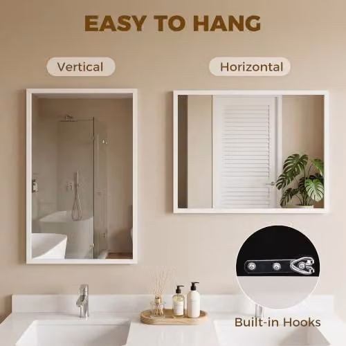 HOMCOM Modern Rectangular Wall-Mounted Glass Mirror, White, W: 50 cm, H: 50 cm, D: 1 cm – 3