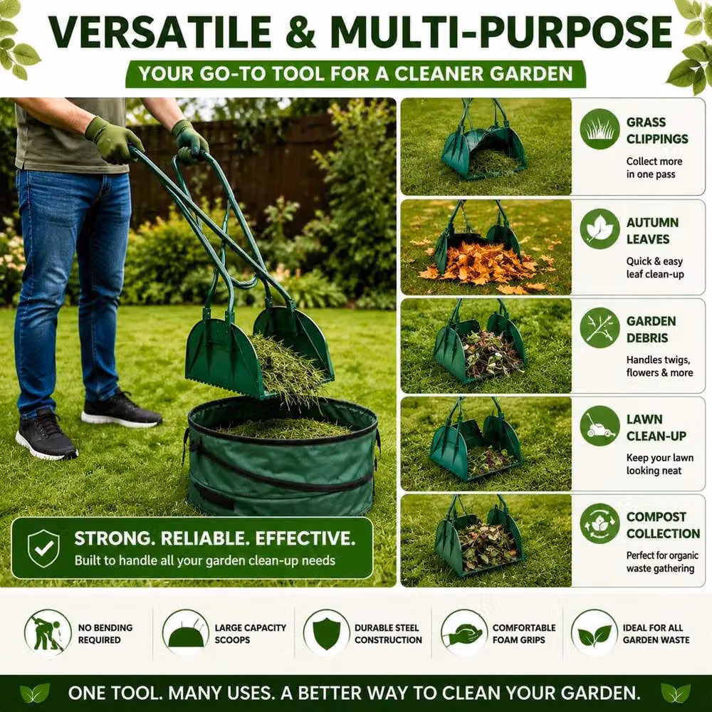 NESTLUNE Long Handled Garden Leaf Collecting Rake in Green, 1.25kg – 3