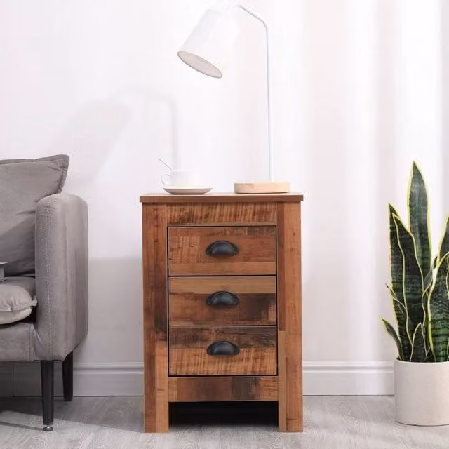 FORGEVIO Rustic Brown Wooden 3 Drawer Bedside Nightstand Cabinet W/D/H: 35 x 40 x 58 cm
