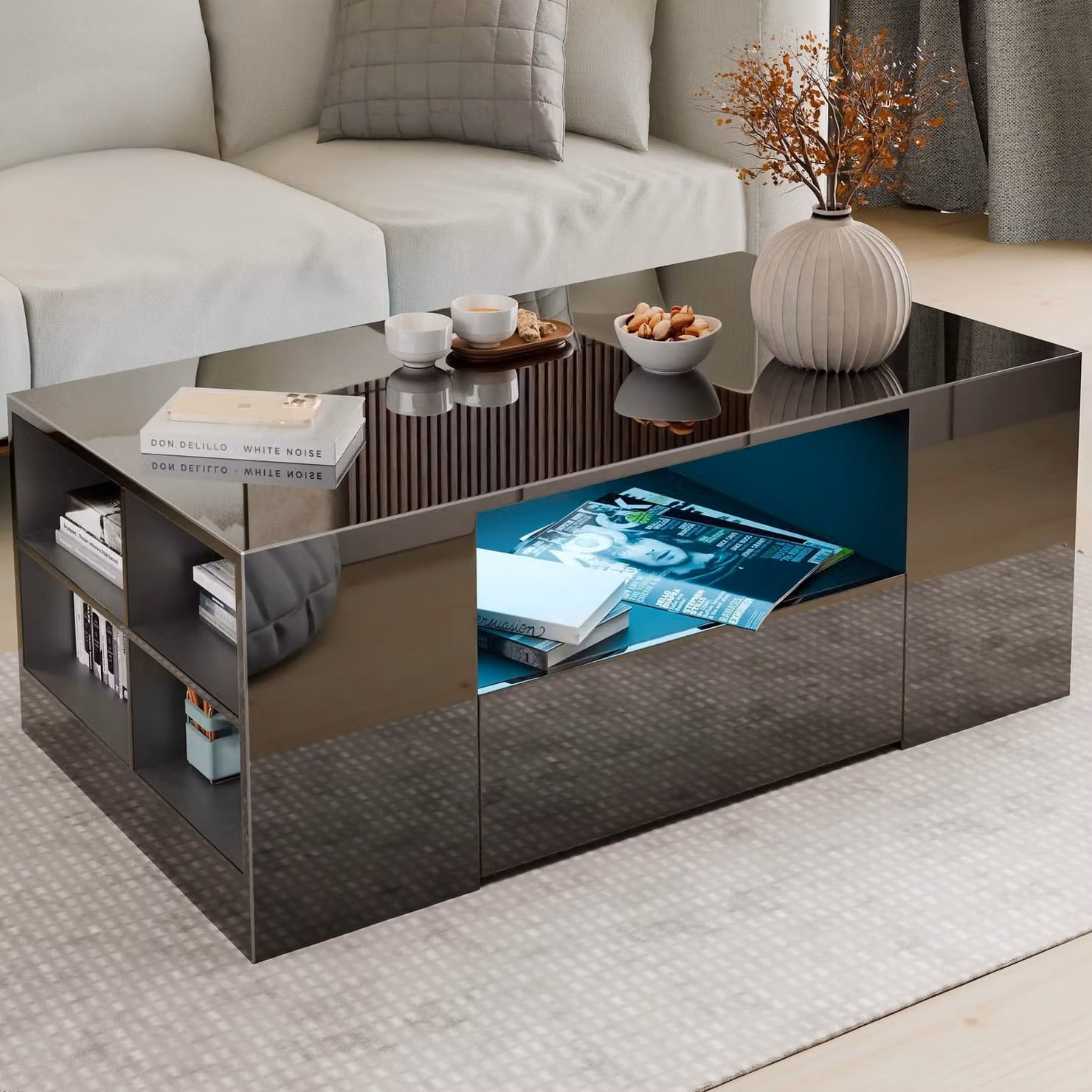 DHS Modern High Gloss Black Rectangular Coffee Table with LED Lights and Storage Drawers